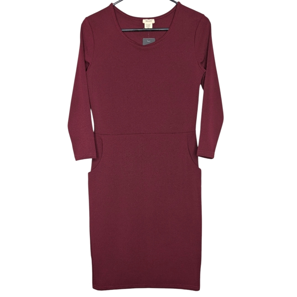 Yelete Scoop Neck Long Sleeve Wine Red Pencil Midi Dress Size Medium New w/ Tags